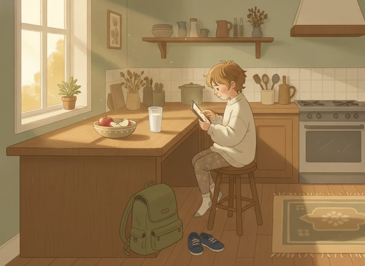 Illustration: after school, a child settles at the kitchen bench with a snack, a glass of milk and a tablet