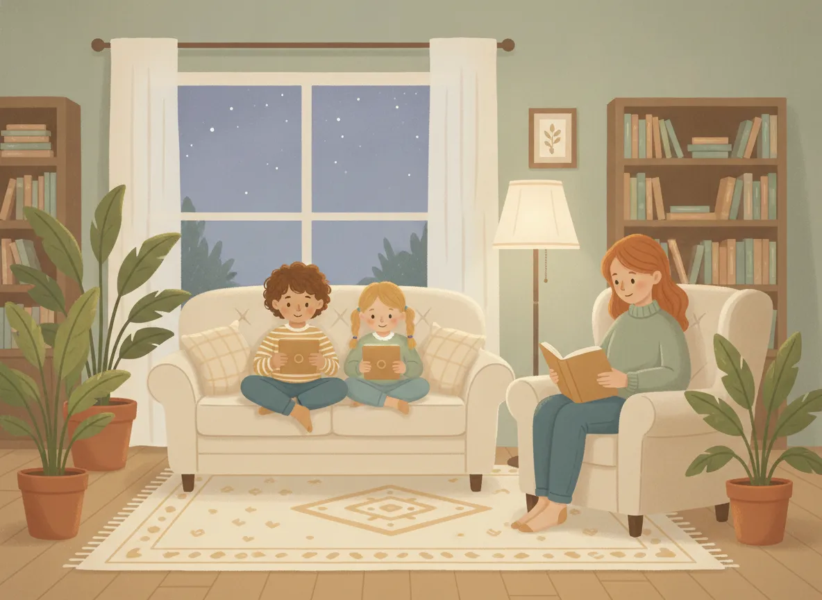Illustration: two kids practising on their tablets on the couch while a parent reads nearby