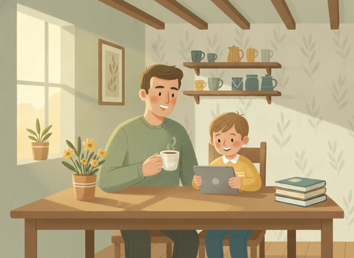 Illustration: a parent with a cup of tea beside a child practising happily on a tablet at the kitchen table