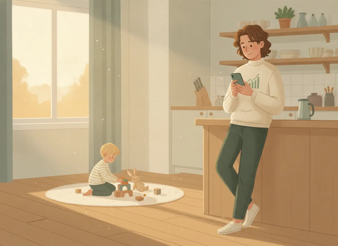 Illustration: a relaxed parent glances at a progress chart on their phone while their child plays nearby