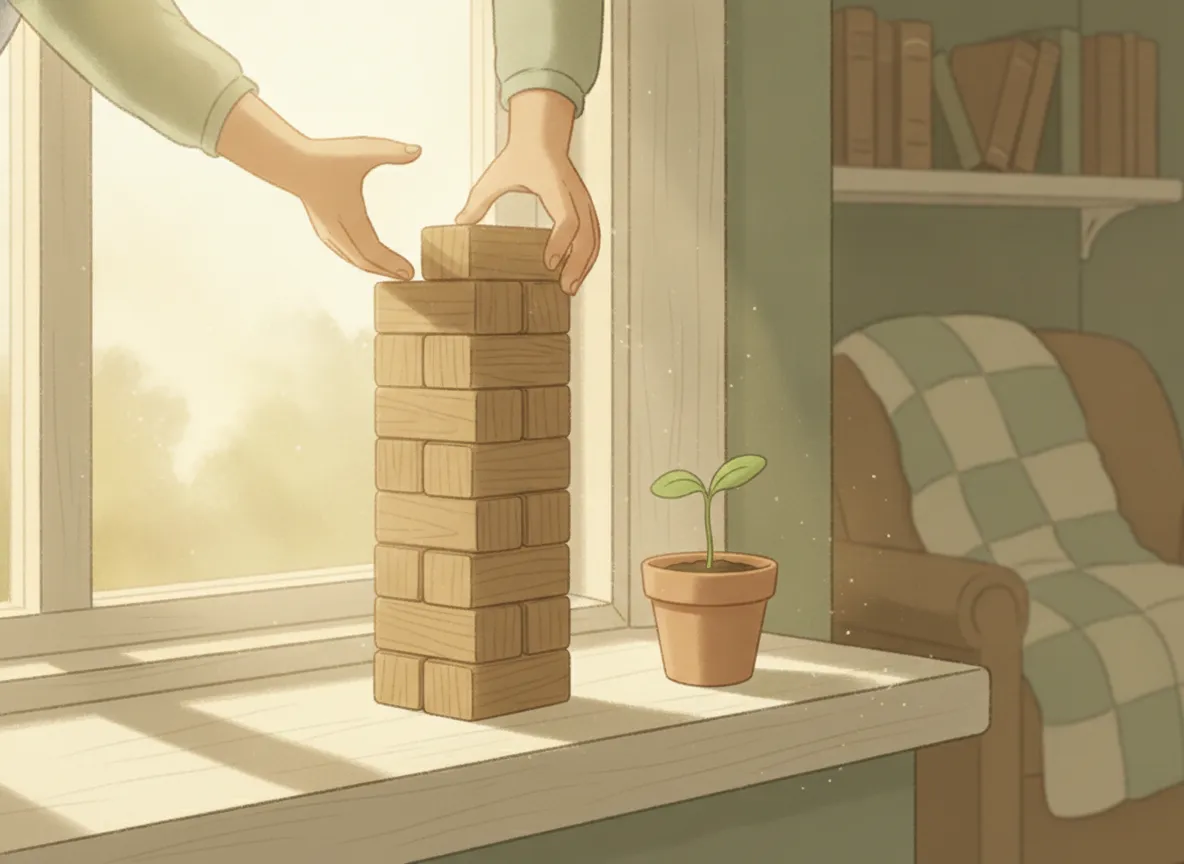 Illustration: a child stacks wooden blocks into a rising tower beside a growing seedling on a sunny windowsill