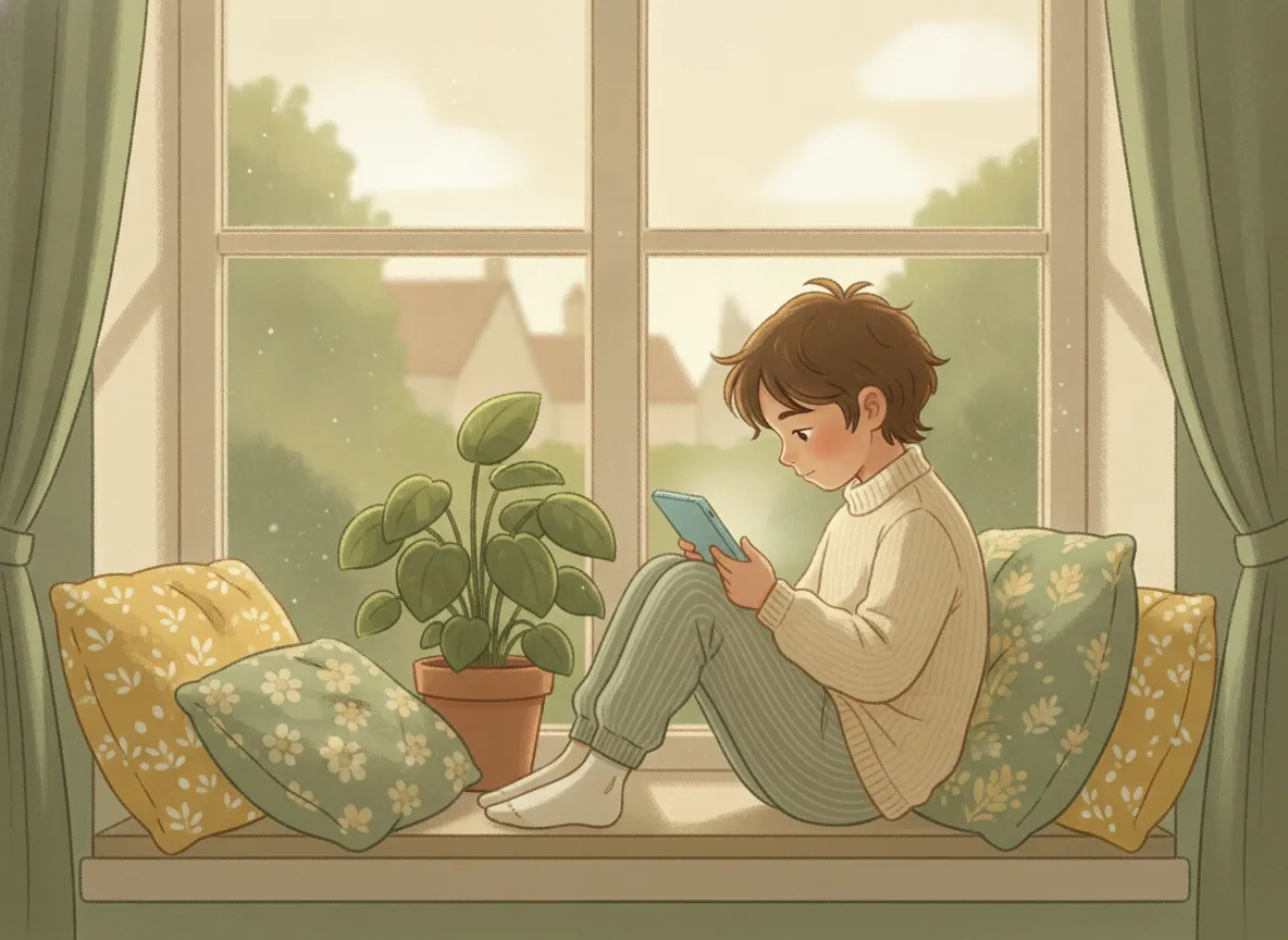 Illustration: a child curled up in a window nook, quietly absorbed in practice on a tablet
