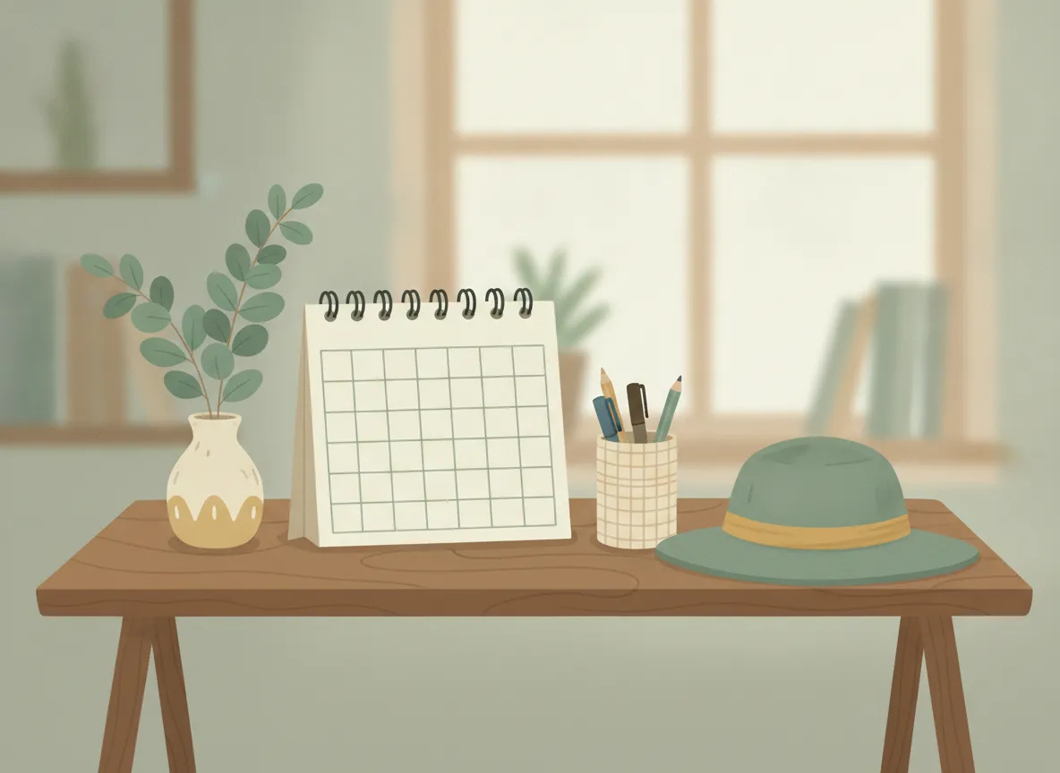 Illustration: a school-term desk with a blank calendar, a eucalyptus sprig and an Australian school hat