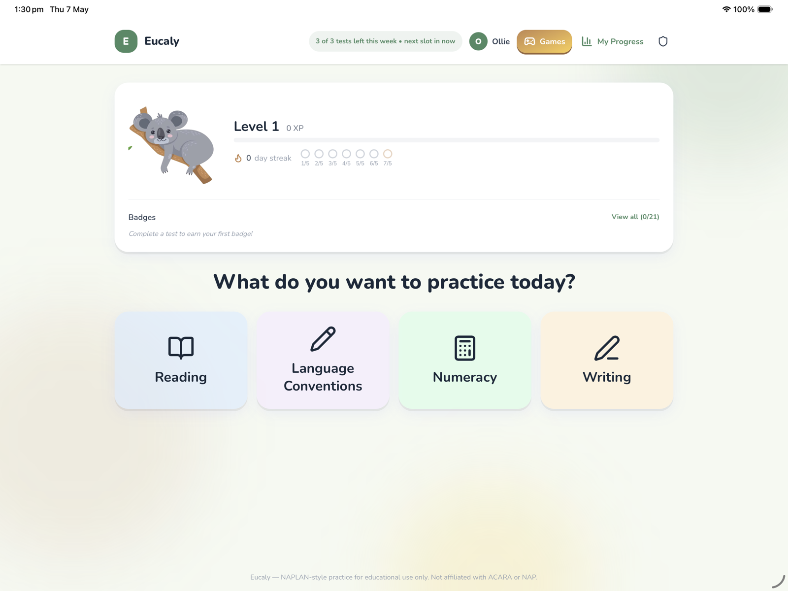 Eucaly on iPad: a child chooses what to practise today across Reading, Language Conventions, Numeracy and Writing
