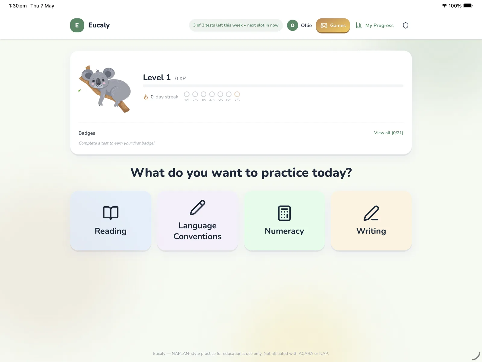 Eucaly on iPad: a child chooses today's practice across Reading, Language Conventions, Numeracy and Writing