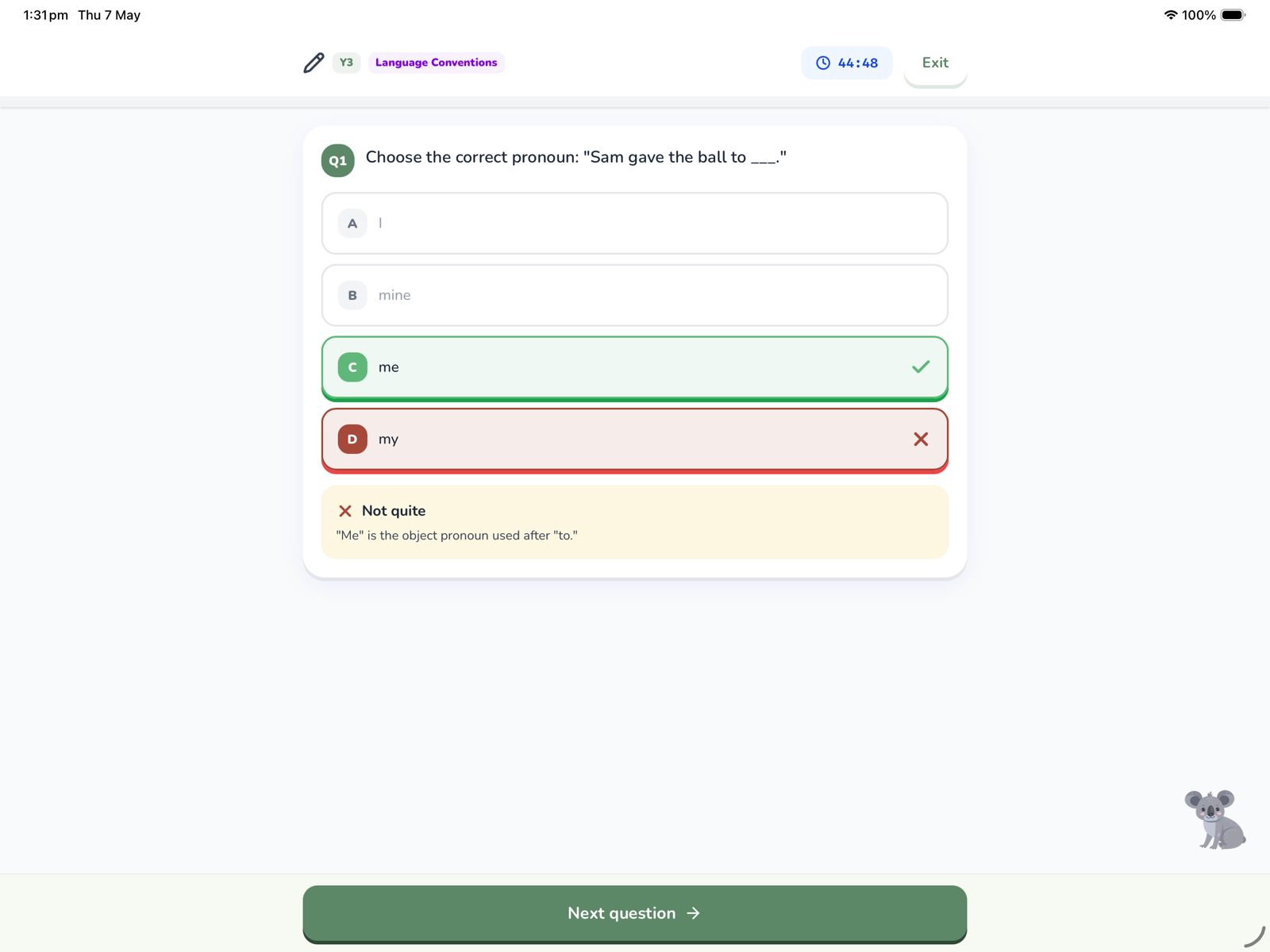Eucaly on iPad: a practice question with instant feedback showing the correct answer