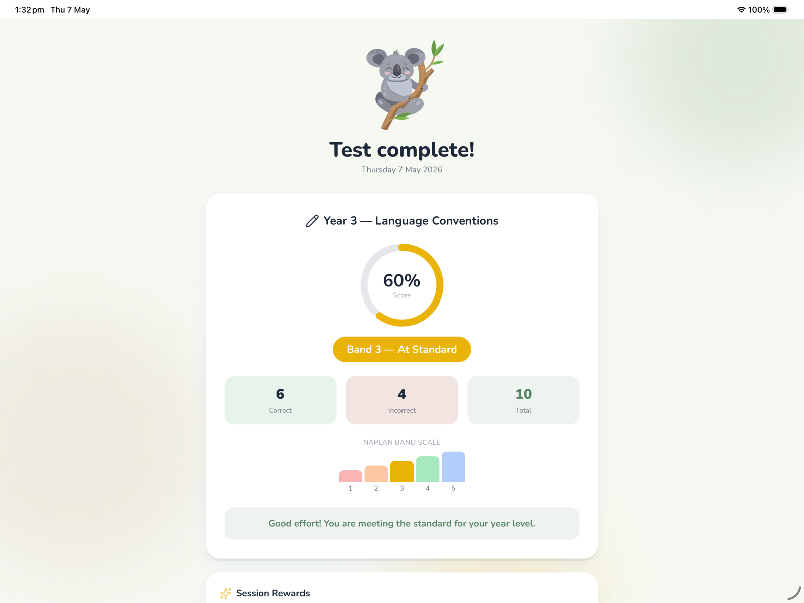 Eucaly on iPad: test complete screen with a score ring and the koala celebrating